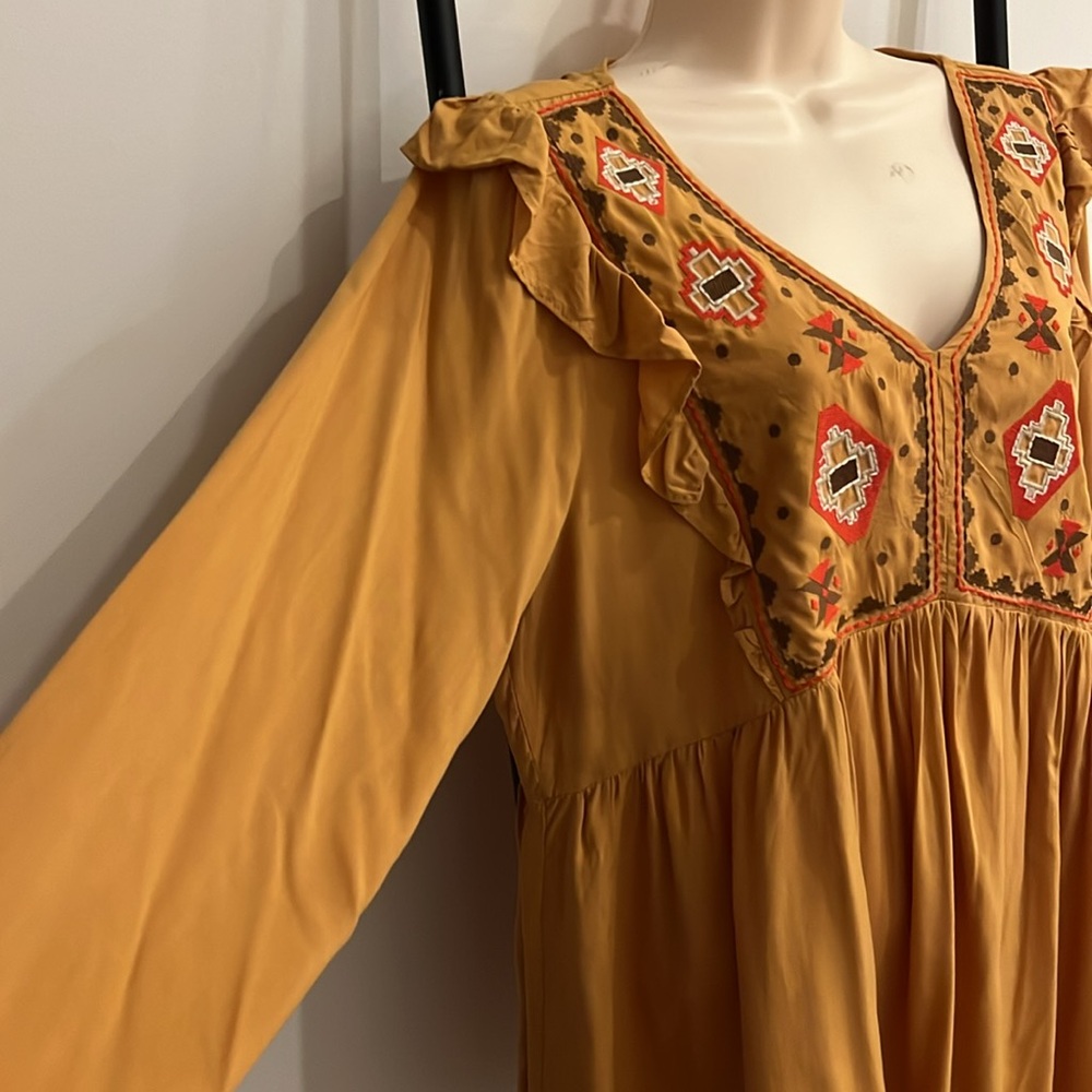 Jodifl Mustard Embroidered Ruffle Blouse L Boho Long Sleeve Top - Picture 4 of 11